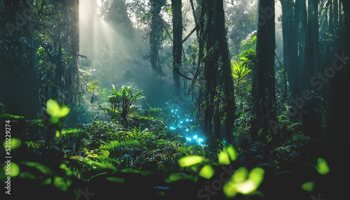 Fototapeta Naklejka Na Ścianę i Meble -  Exotic foggy forest. Jungle panorama, forest oasis. Foggy dark forest. Natural forest landscape. 3D illustration.