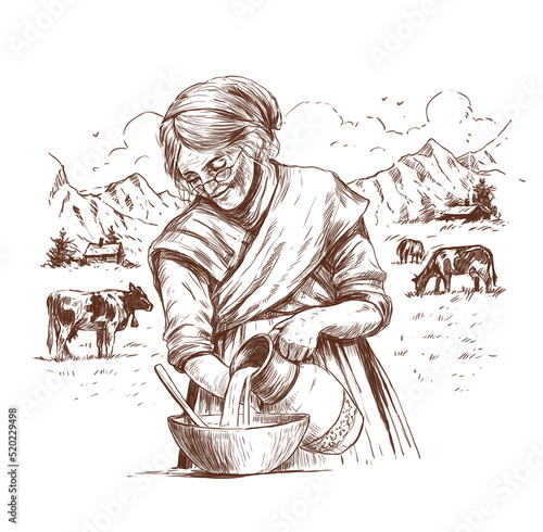 Drawing in the old style, engraving, sketch. An old woman in the pasture pours milk.