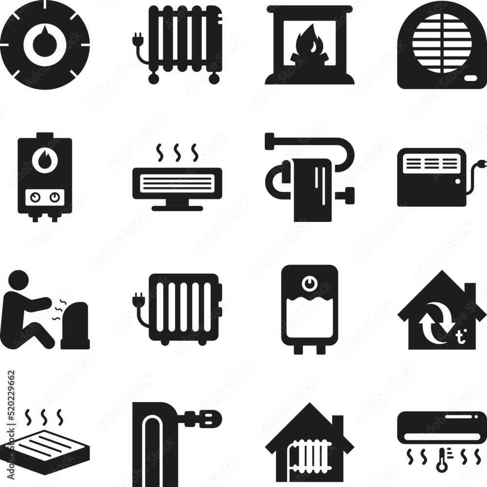 Home heating icons set. Room temperature control. Thermal radiator. Air, infrared, oil heaters. Monochrome black and white icon. Home heating icons set. Room temperature control. Thermal radiator. Air, infrared, oil heaters. Monochrome black and white icon.