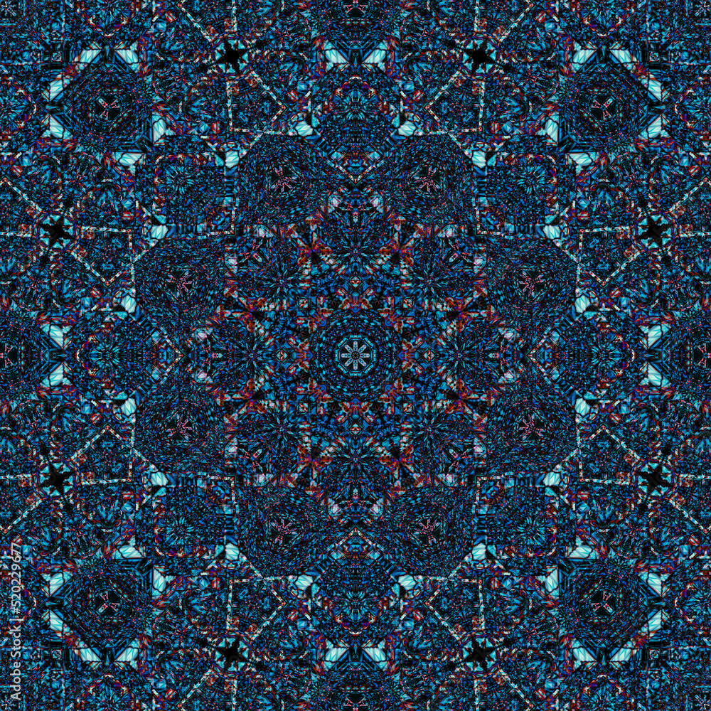 Mandala patterns on blue background illustration. Imitation of fabric texture.