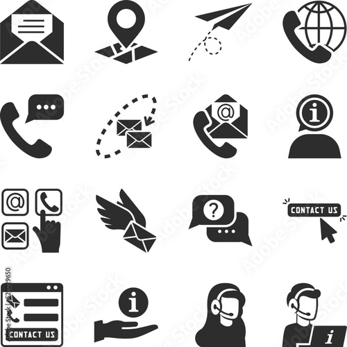 Contact us icons set. Technical support. Contact the company. Call centre. Feedback. Monochrome black and white icon.