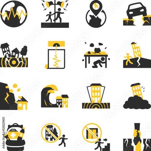 Earthquake icon set. Disaster, evacuation, emergencies, methods of escape and avoidance. Simple icons with accent color.