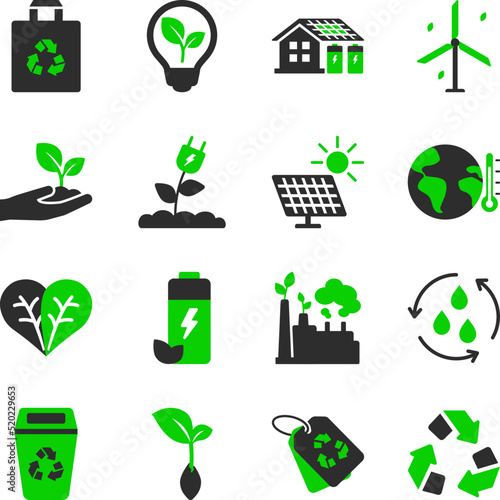 Ecology icon set. Ecological facilities, preservation of the environment. Simple icons with accent color.