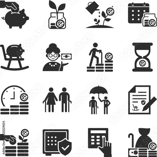 Pension icons set. Retirement savings. Investments. Dividends. payment in old age. Monochrome black and white icon.