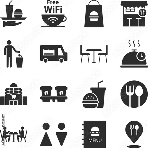 food court icons set. Fast food at the mall. Takeaway food. Monochrome black and white icon.
