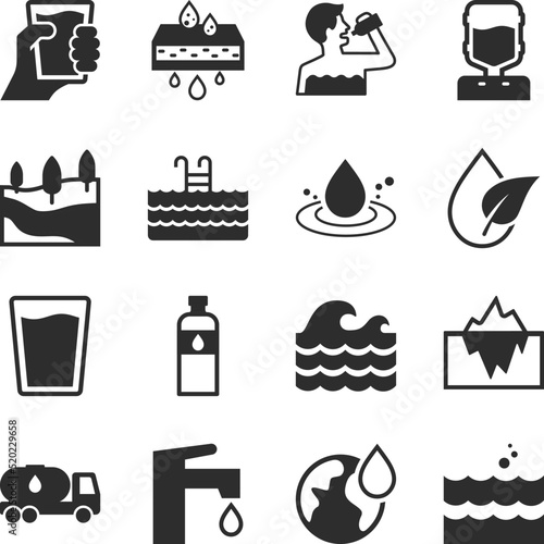 Water icons set. Consumption, purification, use of water. Monochrome black and white icon.