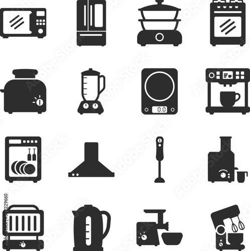Kitchen appliances icons set. Food preparation equipment. Monochrome black and white icon.