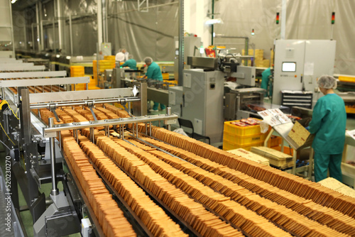 A lot of cookies on the production line. The flow of sweets before packaging. Packing crackers on the machine. Innovative production.