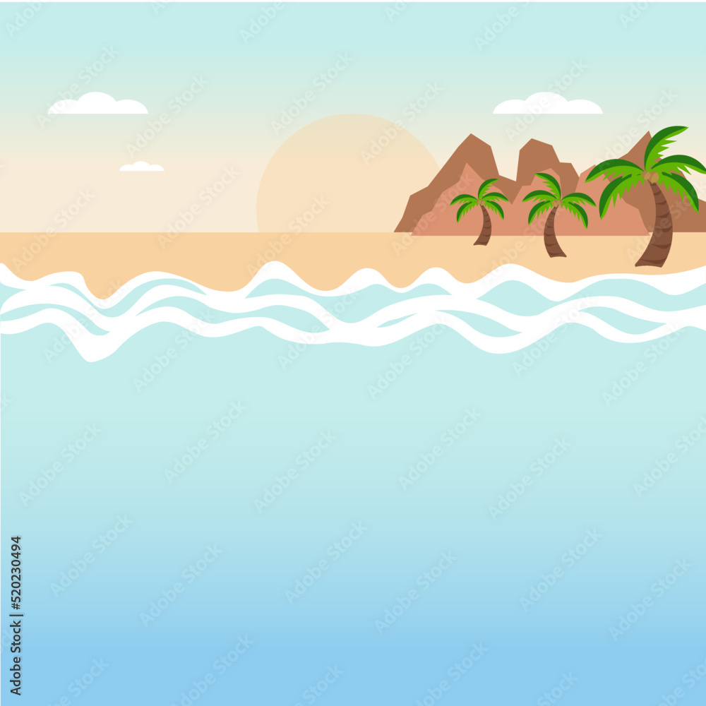 Simple flat illustration of summer coastline with mountain, palm trees and sunset view