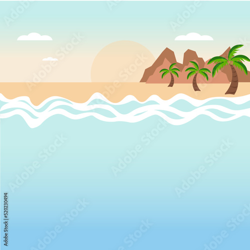 Simple flat illustration of summer coastline with mountain  palm trees and sunset view