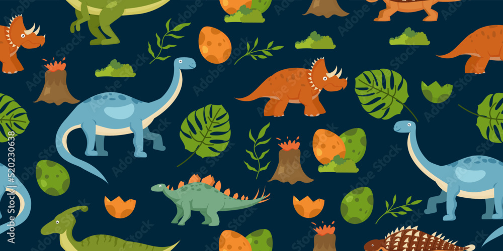Obraz premium Seamless pattern with dinosaurs volcanoes and tropical plants Wild animal illustration for kids. Vector illustration design for fashion fabrics, textile graphics, prints.