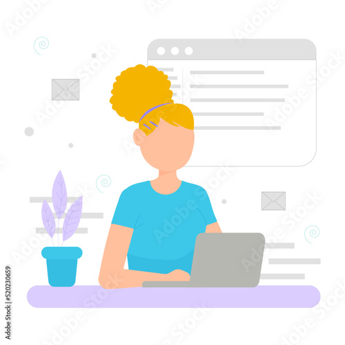 Beautiful young blonde girl working on a laptop flat design