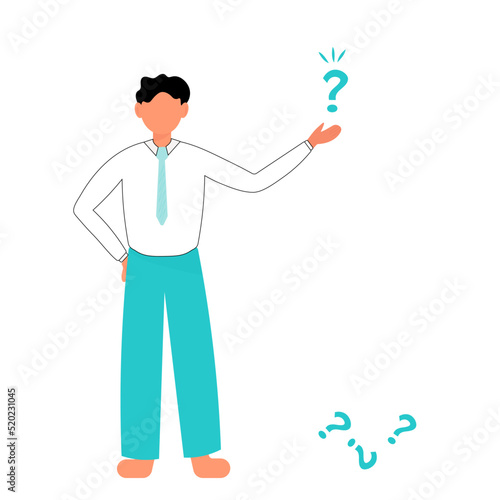 Young man in a suit holding a question mark in his hands flat design