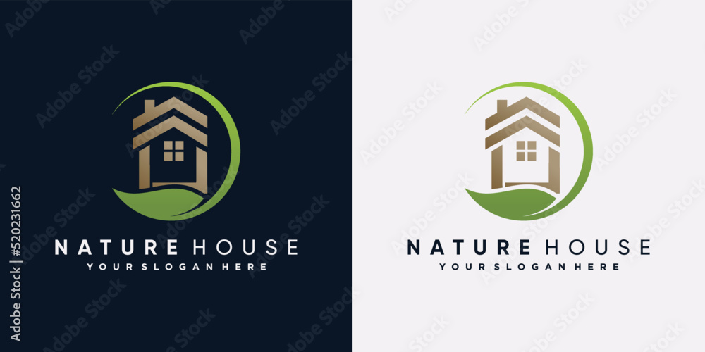 Nature house logo design vector illustration with leaf element and green color Nature house logo design vector illustration with leaf element and green color