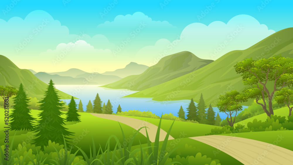 Footpath on the hill with lake, valleys and mountains vector illustration