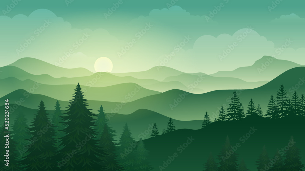 Green mountains landscape in the foggy morning Vector illustration