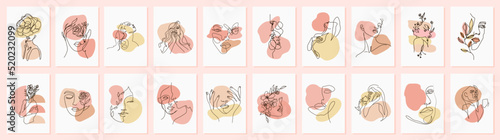 Modern abstract line minimalistic women faces arts set with different shapes for wall decoration, postcard or brochure cover design. Different woman faces. One line art. Vector illustrations design