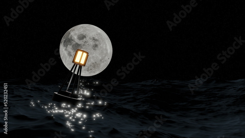 A buoy is floating on stormy ocean with full moon sky (3D Rendering) photo