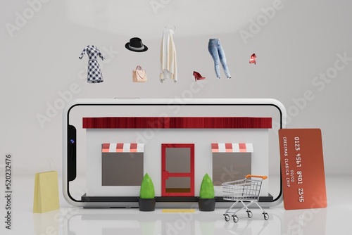 internet shopping. shopping on the internet. branded clothes in the online store. delivery of goods from online stores. payment for purchases via smartphone or card. 3d render. 3d illustration photo