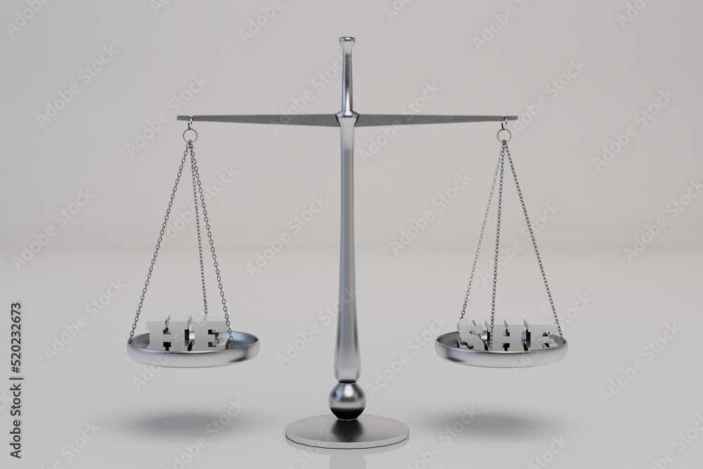 metal scales on a white background with shadows. measuring the weight of products. equilibrium. on the scales he and she. equality. 3d render. 3d illustration metal scales on a white background with shadows. measuring the weight of products. equilibrium. on the scales he and she. equality. 3d render. 3d illustration