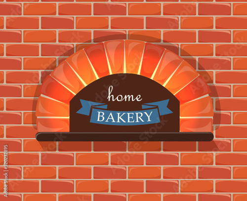 Firewood stove made of stone brick. Home bakery to make pizza with cheese, cook bread on fire wood.  Design element or logo for restaurant, cafe,  shop