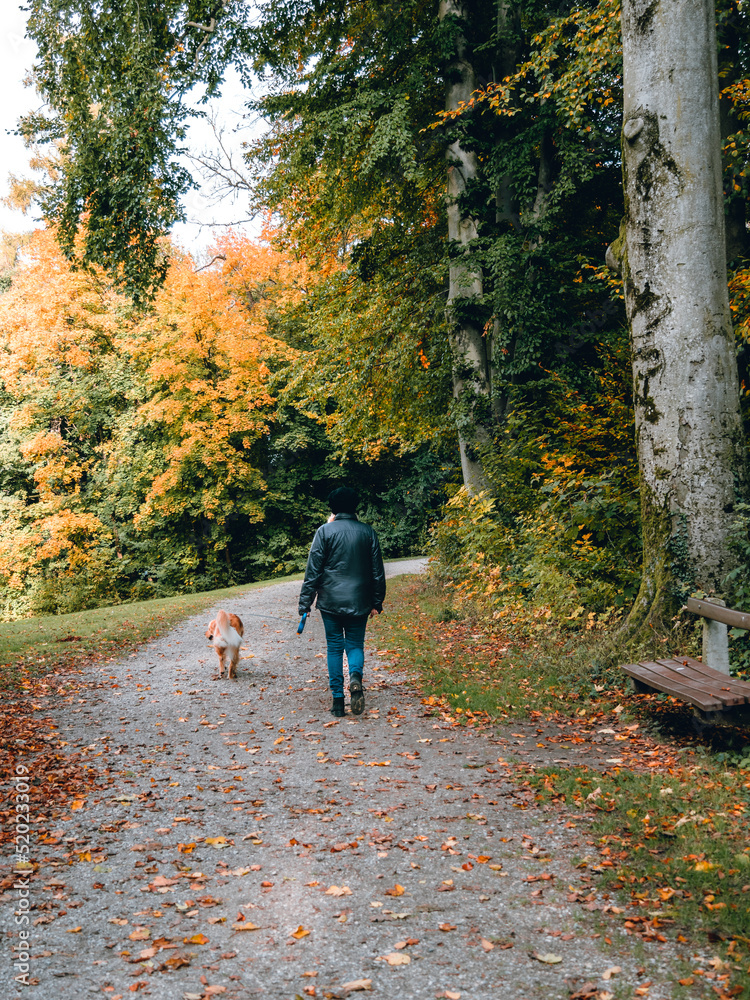 A woman walking her dog in the park A woman walking her dog in the park