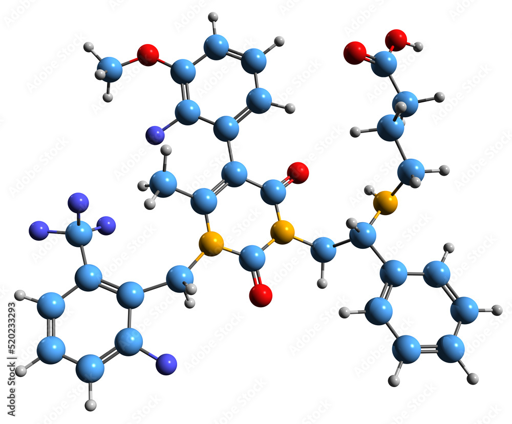 3D image of Elagolix skeletal formula - molecular chemical structure of gonadotropin-releasing hormone antagonist isolated on white background 3D image of Elagolix skeletal formula - molecular chemical structure of gonadotropin-releasing hormone antagonist isolated on white background