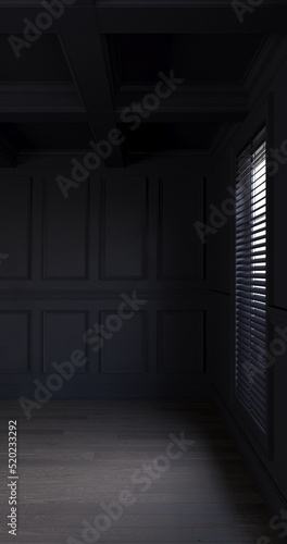 Dark blue almost black wall with molding and wood parquet floor . Window with blinds. Ceiling with beams. 3d render. vertical composition.