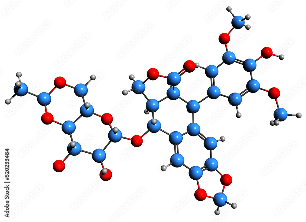 3D image of Epipodophyllotoxin skeletal formula - molecular chemical structure of anti-cancer medication isolated on white background
3D image of Epipodophyllotoxin skeletal formula - molecular chemical structure of anti-cancer medication isolated on white background
