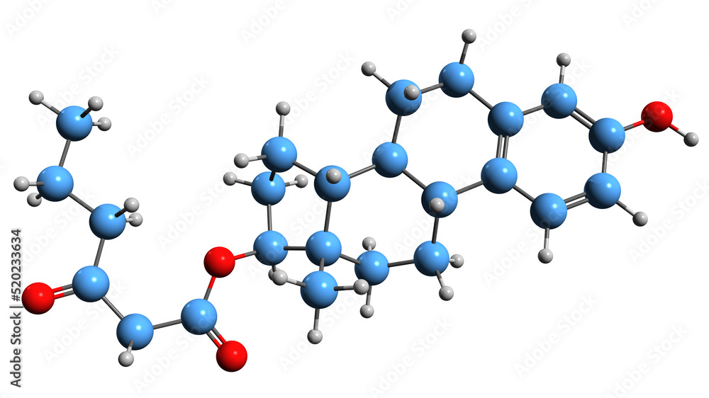 3D image of Estradiol butyrylacetate skeletal formula - molecular chemical structure of estrogen medication isolated on white background
3D image of Estradiol butyrylacetate skeletal formula - molecular chemical structure of estrogen medication isolated on white background