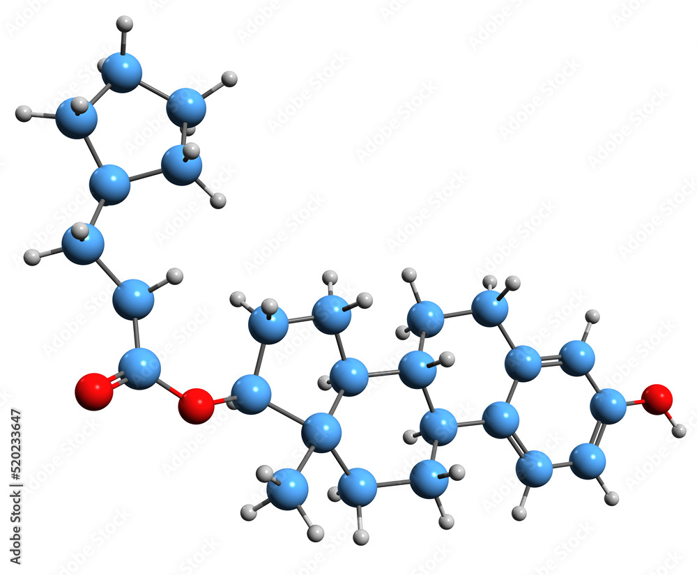 3D image of Estradiol cypionate skeletal formula - molecular chemical structure of estrogen medication isolated on white background 3D image of Estradiol cypionate skeletal formula - molecular chemical structure of estrogen medication isolated on white background