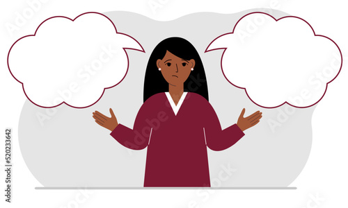 A sad woman tries to make the right decision. Left and right empty bubbles. Comparison of the two solutions.