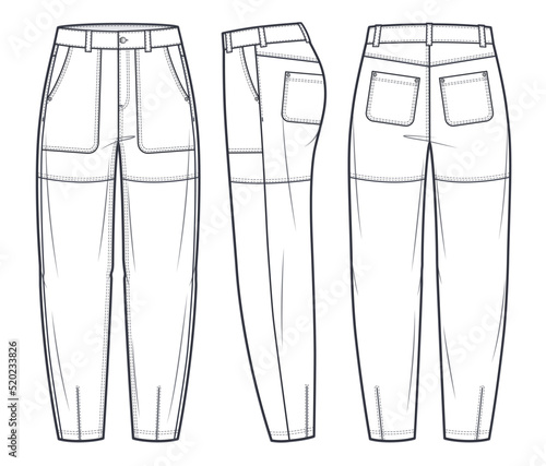 Lether Slouchy pants fashion flat technical drawing template. Jeans Denim pants, Cargo pants, medium waist, owersize, balloon, pockets, women, men, unisex, front, side, back view, white, CAD mockup.
