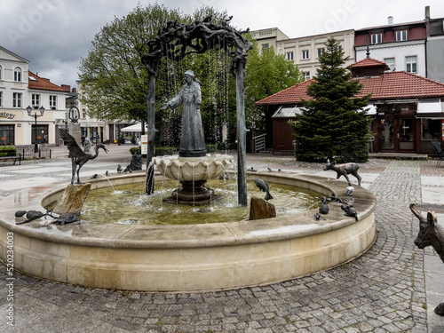 Wejherowo, Poland - May 14, 2022: Fountain with the effigy of St. Francis on the market square in Wejherowo