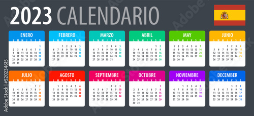 Vector template of color 2023 calendar - Spanish version