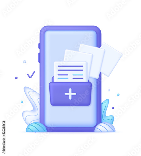 3D Folder symbol on phone illustartion. Concept of data sharing service, information transfer, file exchange network, download and upload. New folder file. Add attach create folder make new plus icon