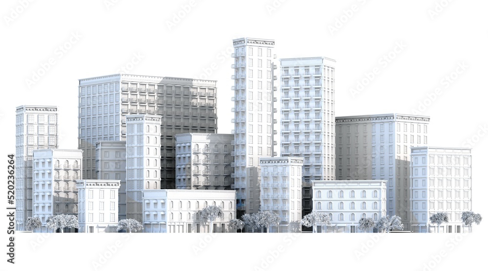 Beautiful City view, Periodic European or American architecture. Flats, office blocks, skyscrapers. 3D rendering illustration.