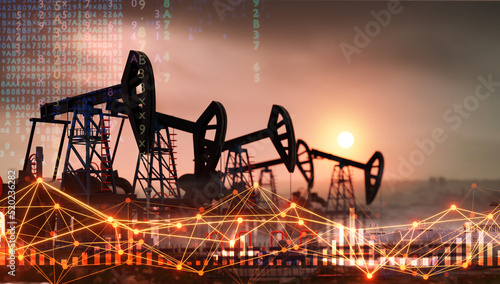 Oil pump, oil industry equipment, drilling derricks silhouette from oil field at sunset and graphs of stock market prises rise. Energy supply crisis, power supply, energy crisis. 