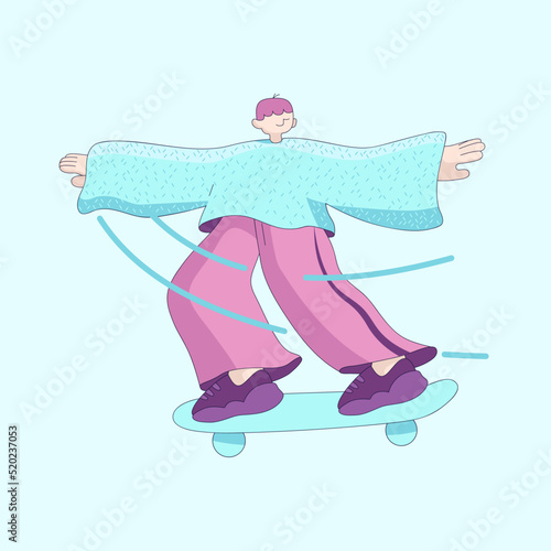 Trendy man on penny board. Flat vector illustration design. Cartoon people vector illustration. Riding at speed on skate. Vehicle or sports tool to perform tricks. Travel and recreation