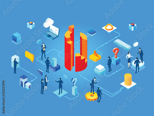 Isometric  business concept environment, Business people working in server room around  Chart and bars. Technology, big data, computing, artificial intelligence, writing applications concept 