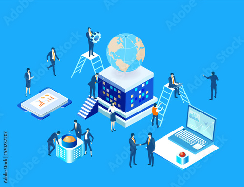 Isometric business concept environment, Business people working in server room around Globe. Technology, big data, international, global business, computing, writing applications concept 