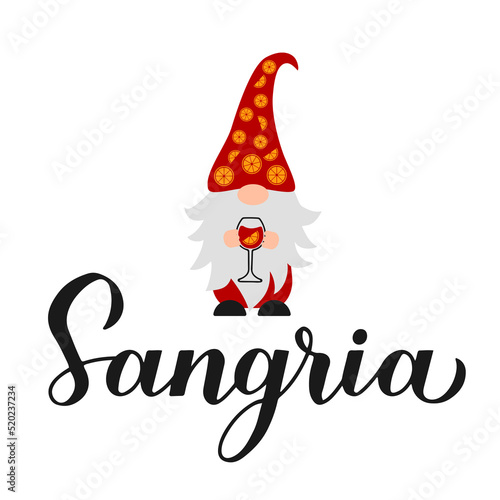 Sangria calligraphy hand lettering with cute gnome holding wine glass. Spanish summer drink. Vector template for bar, restaurant, winery decorations.