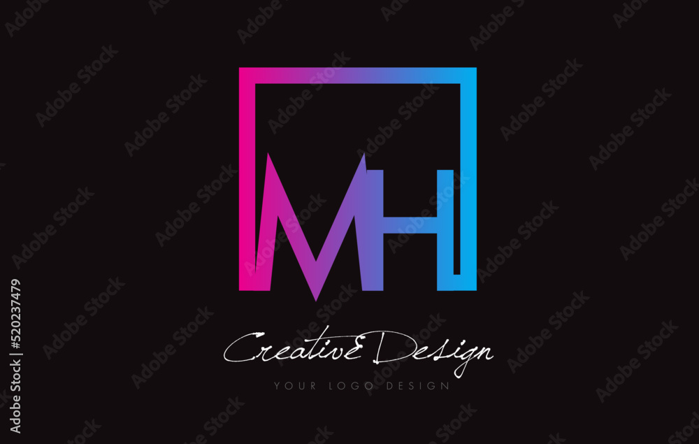 MH Square Frame Letter Logo Design with Purple Blue Colors.