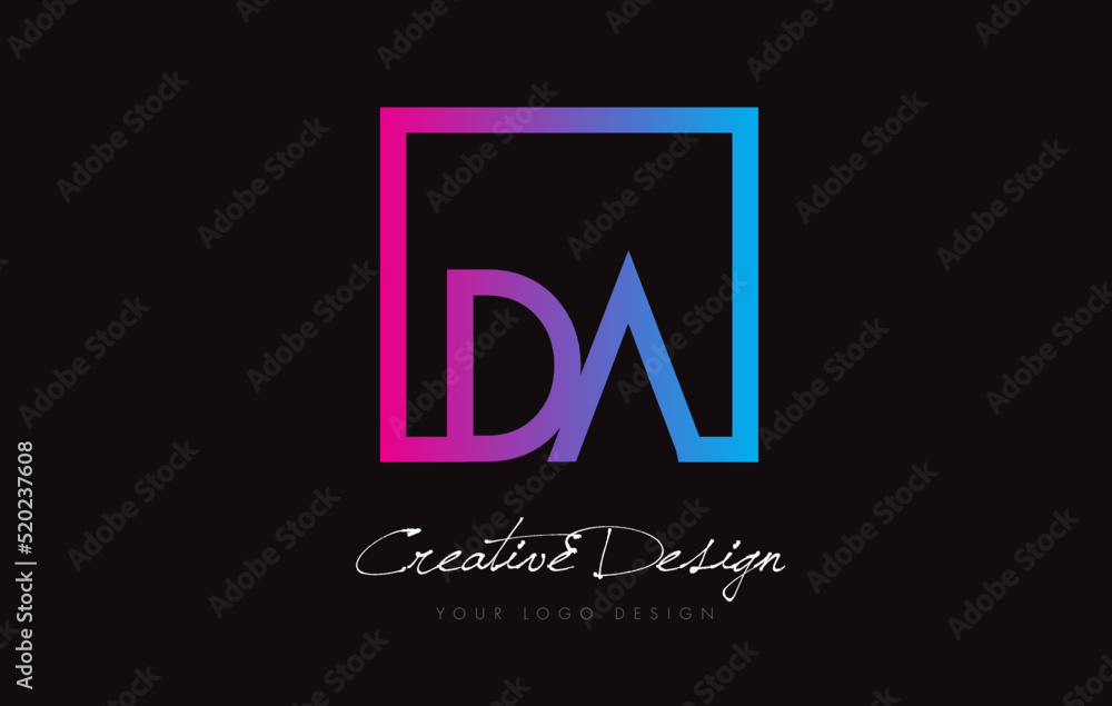 DA Square Frame Letter Logo Design with Purple Blue Colors.