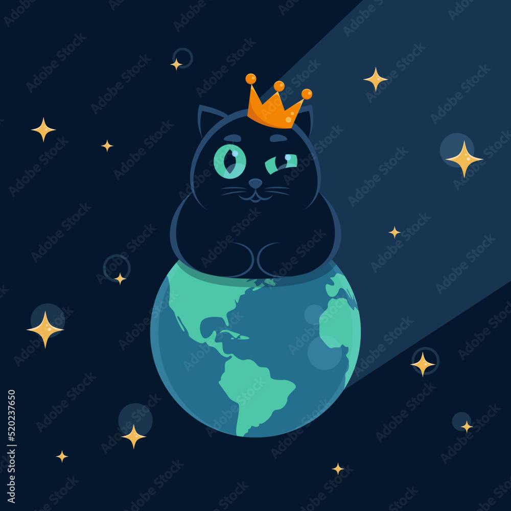 vector illustration of a black cat with a crown on his head sits on the globe