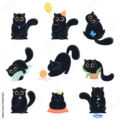 vector set of cute cartoon character black cat