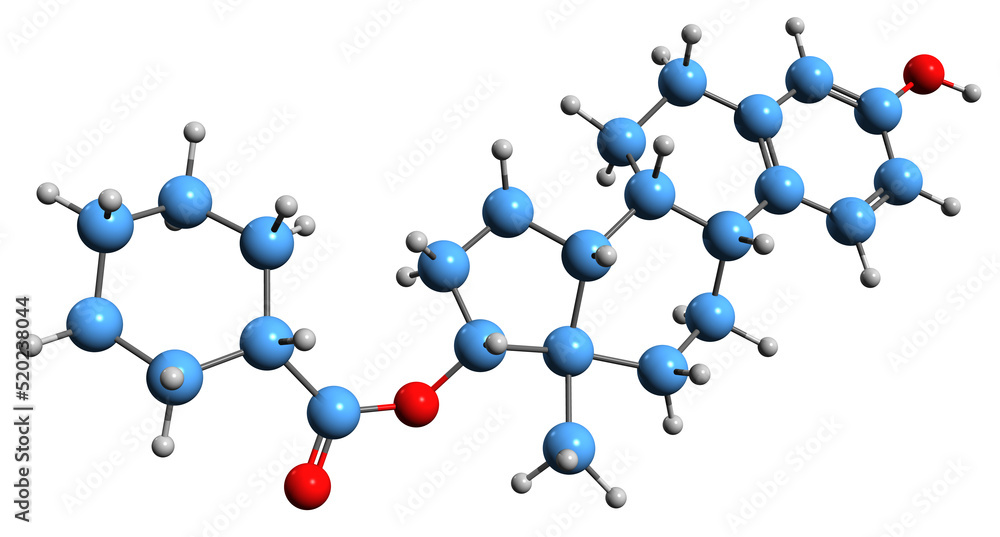 3D image of Estradiol hexahydrobenzoate skeletal formula - molecular chemical structure of estrogen medication isolated on white background 3D image of Estradiol hexahydrobenzoate skeletal formula - molecular chemical structure of estrogen medication isolated on white background