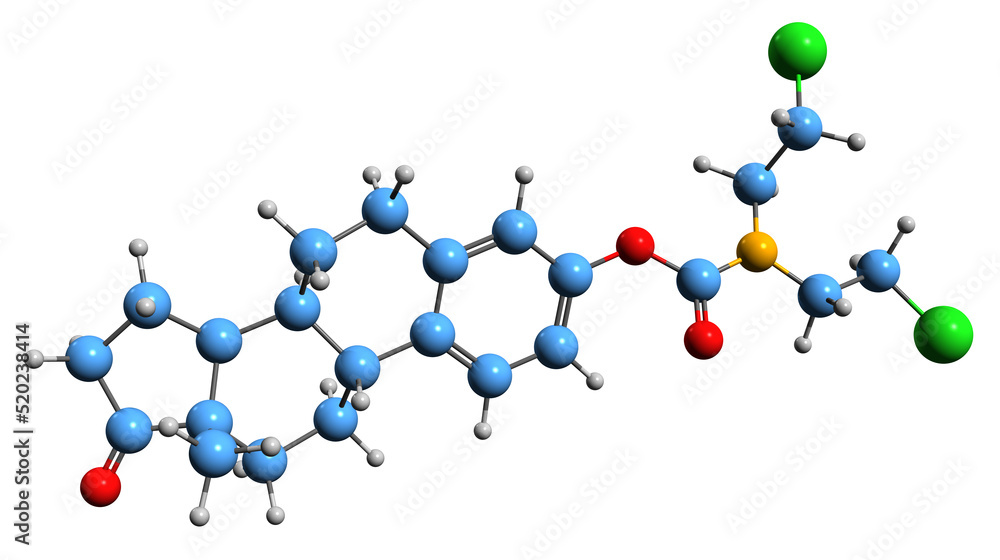 3D image of Estromustine skeletal formula - molecular chemical structure of Chemotherapeutic agent isolated on white background
3D image of Estromustine skeletal formula - molecular chemical structure of Chemotherapeutic agent isolated on white background