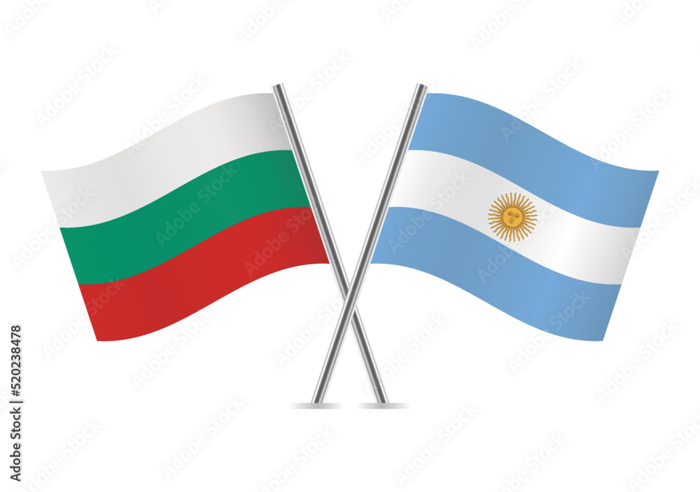 Bulgaria and Argentina crossed flags. Bulgarian and Argentinian flags on white background. Vector icon set. Vector illustration. Bulgaria and Argentina crossed flags. Bulgarian and Argentinian flags on white background. Vector icon set. Vector illustration.
