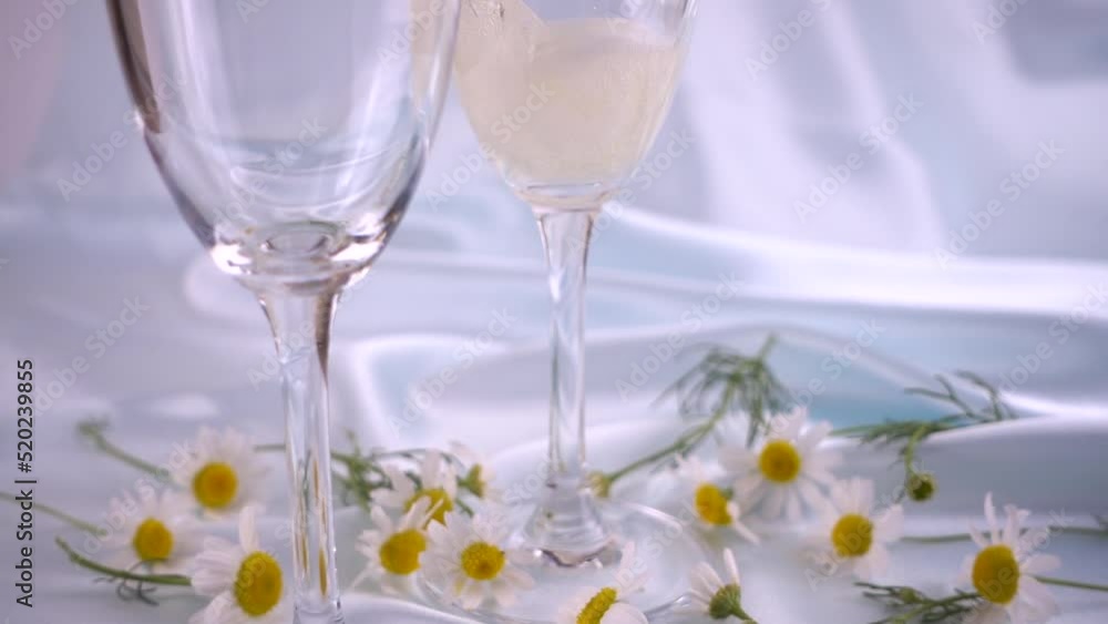 Glasses with sparkling wine and chamomile flowers on a blue background. Slow motion. Glasses with sparkling wine and chamomile flowers on a blue background. Slow motion.